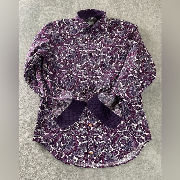 Thomas Dean Purple Paisley Shirt Men’s Medium Button Up Long Sleeve Cuff Cotton - Picture 1 of 16